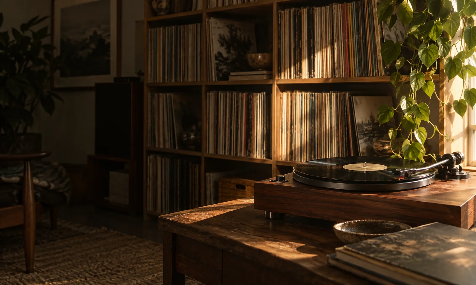 A sunlit listening room with records and a turntable